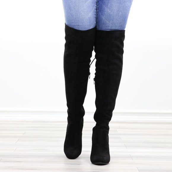 Black Over The Knee Heeled Boots Thigh High Suede With Lace Up Back - Picture 12 of 14